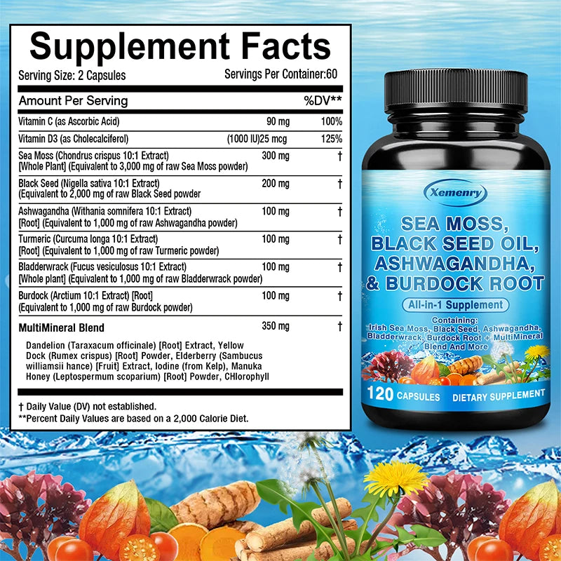 Sea Moss, Black Seed Oil, Ashwagandha & Burdock Root