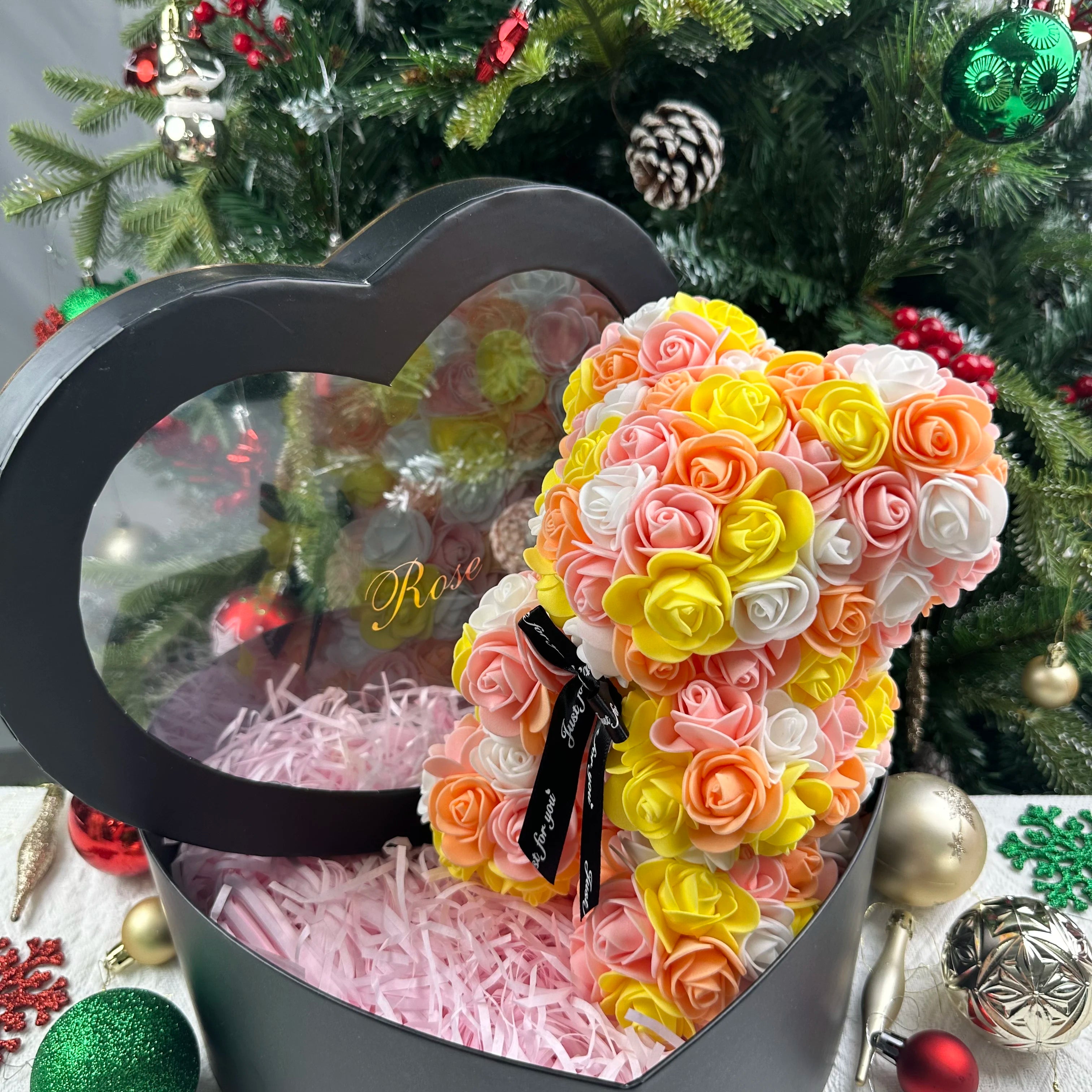 25cm Artificial Teddy Rose Flower Bear with Box Romantic Valentines Day Gift
