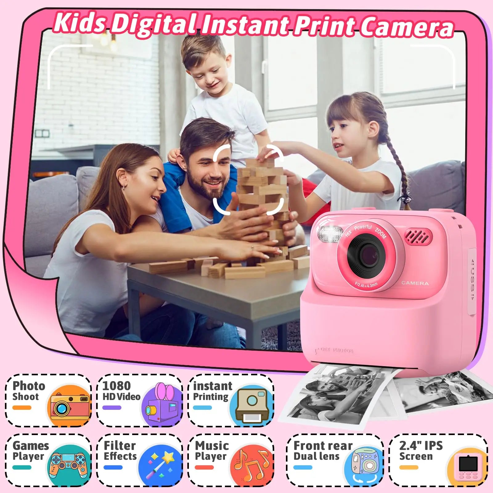 Kids Camera Instant 1080P HD Dual Lens Selfie Digital Camera for Girls Boys