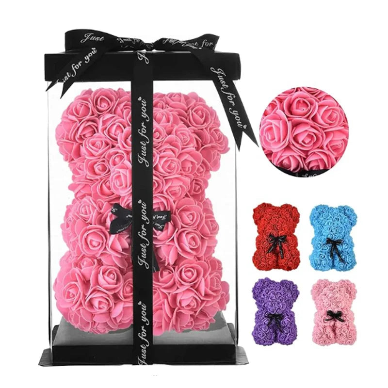 25cm Artificial Teddy Rose Flower Bear with Box Romantic Valentines Day Gift