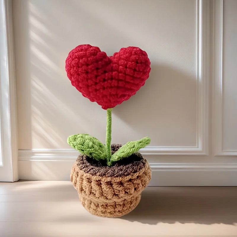 1/2/3/5Pcs Handmade Knitted Flower Pot Red Heart Shaped Knit Imitation Potted Plant Christmas Valentine's Day Mother‘s Day Gift