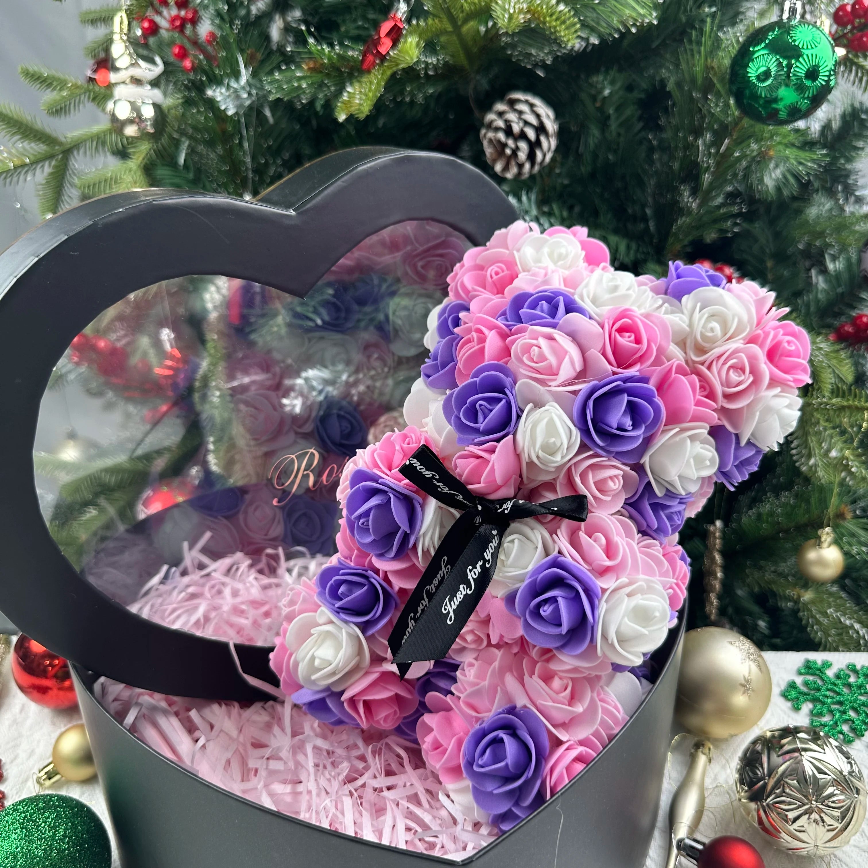 25cm Artificial Teddy Rose Flower Bear with Box Romantic Valentines Day Gift